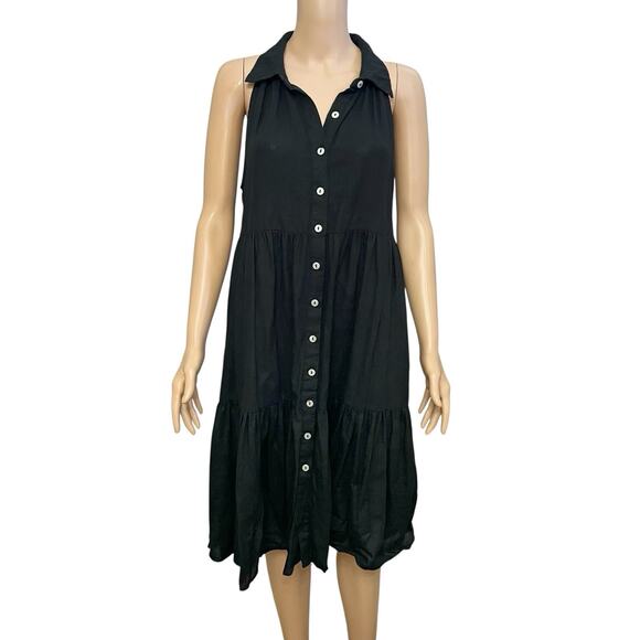 Nicole Miller Dresses & Skirts - Nicole Miller Linen Blend Swing Dress Large Black Button Down Tiered Boho Casual